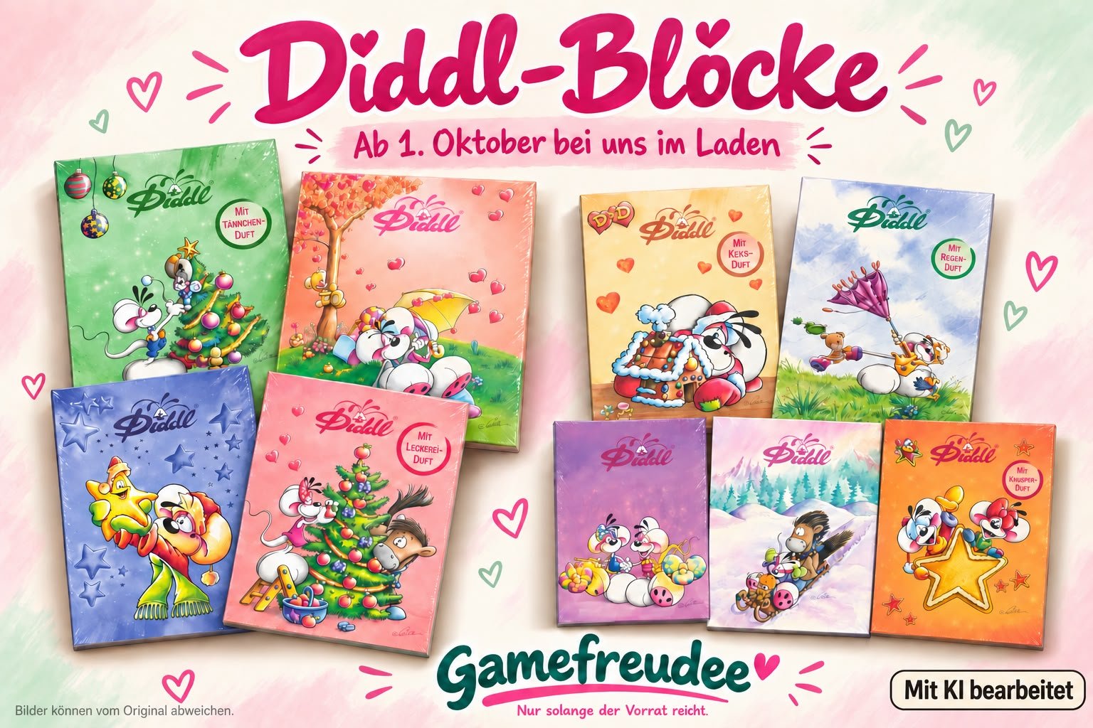 Diddl-Blöcke – ab 1. Oktober bei uns im Laden. Verschiedene Diddl-Blöcke, teils mit Duft-Hinweis auf der Verpackung. Gamefreudee – nur solange der Vorrat reicht. Bilder können vom Original abweichen. Mit KI bearbeitet.