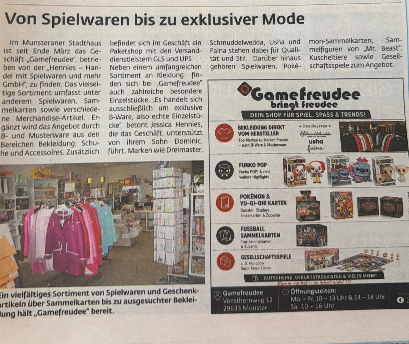 Zeitungsausschnitt: Von Spielwaren bis zu exklusiver Mode